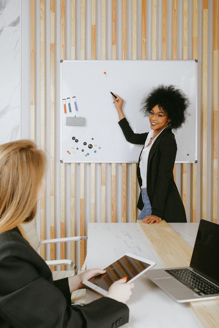 The Art of Drawing Readers In: Your attractive post title goes here Confident businesswoman leading a presentation using a whiteboard in a modern office.