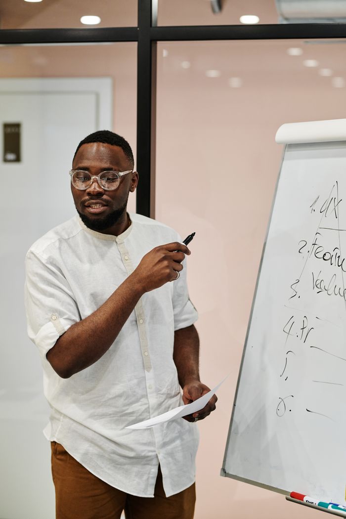 Crafting Captivating Headlines: Your awesome post title goes here Man presenting at whiteboard in an office, explaining concepts with confidence.